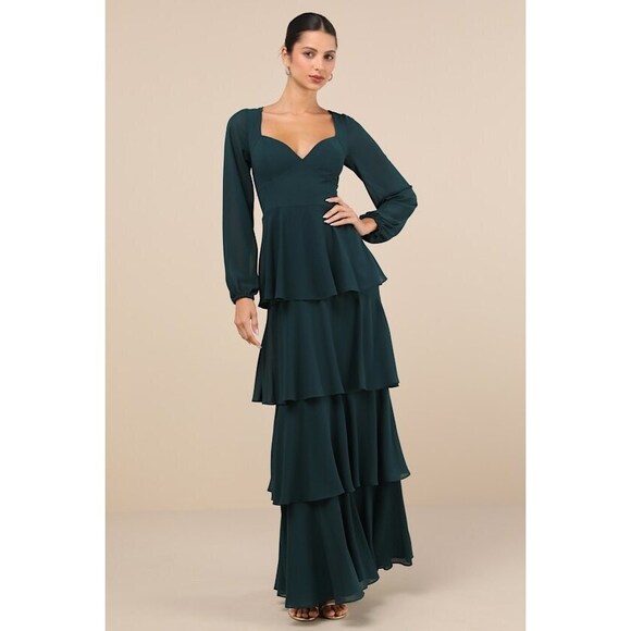 Lulus Flawless Excellence Emerald Tiered Long Sleeve Maxi Dress Green - Size M - Picture 1 of 5